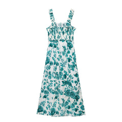 Girlish Waist Tight Slimming A Line Dress Floral Decorative Dress Early Sweet Boat Neck Strap Dress