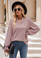 Solid Color Knitted Jacquard Long Sleeved T shirt Twist V neck Top