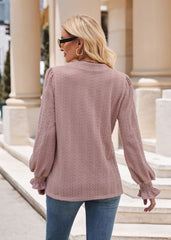 Solid Color Knitted Jacquard Long Sleeved T shirt Twist V neck Top