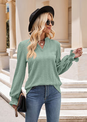 Solid Color Knitted Jacquard Long Sleeved T shirt Twist V neck Top