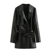 Faux Leather Long Sleeve Collared Wind Breaker Coat