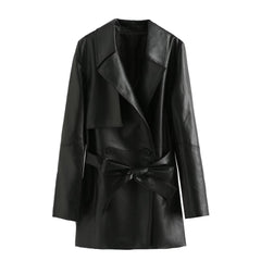 Faux Leather Long Sleeve Collared Wind Breaker Coat
