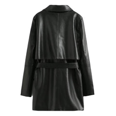 Faux Leather Long Sleeve Collared Wind Breaker Coat