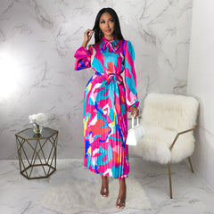 Robe plissée imprimée à manches longues et lacets