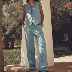 Veste gilet asymétrique décontractée, pantalon large taille haute