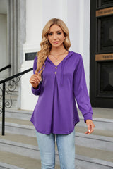 Pull ample à manches longues et col en V, couleur unie, avec capuche et boutons