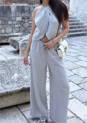 Linen Hanging Collar Top Wide Leg Pants Suit
