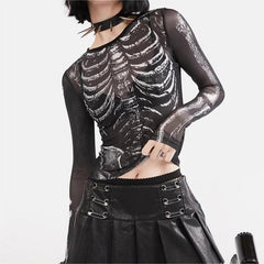 Round Neck Pullover Long Sleeve Mesh Skull Print Casual Top
