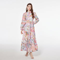 Printed Single Breasted Looseeign Trade Dress Lace Up Vacation Style Retro Long Dress