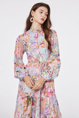 Printed Single Breasted Looseeign Trade Dress Lace Up Vacation Style Retro Long Dress