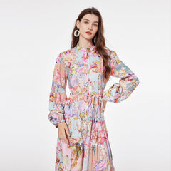 Printed Single Breasted Looseeign Trade Dress Lace Up Vacation Style Retro Long Dress