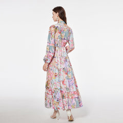 Printed Single Breasted Looseeign Trade Dress Lace Up Vacation Style Retro Long Dress