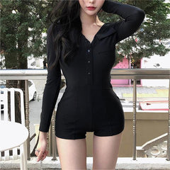 Solid Color Casual Pocket Rib Stitching Long Sleeve Romper Early