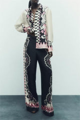 Chemise verticale à imprimé floral français, pantalon coupe droite