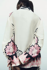 Chemise verticale à imprimé floral français, pantalon coupe droite