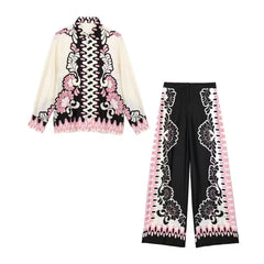 Chemise verticale à imprimé floral français, pantalon coupe droite