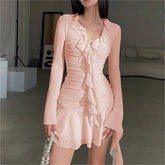 Ribbon Mesh Plissee Kleid Französisch Slim Langarm Hüfte