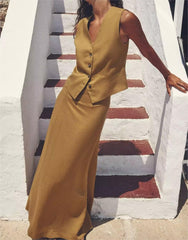 Ensemble jupe mi-longue décontractée à col en V et simple boutonnage