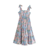 Französisches Kleid mit hoher Taille, schlankmachendem Print, rückenfrei, Schnürung hinten, Fliege