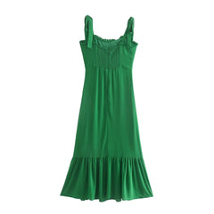 French Waist Slimming Slim V neck Chiffon Printed Lace up Dress