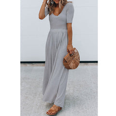Round Neck Short Sleeve Long Pattern Jumpsuit