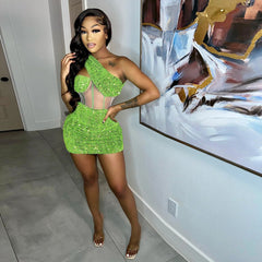 Diagonal Collar Sequin Stitching Polyester Net Nightclub Party Sheath Dress