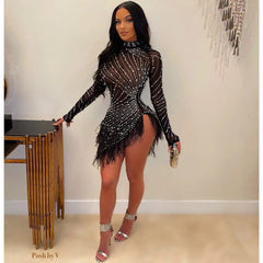Rhinestone Dress Cutout Tight Dress Mesh Woolen Dress
