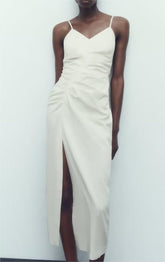 Frühes Baumwoll-Leinen-Kleid mit V-Ausschnitt, plissiertem Seitenschlitz