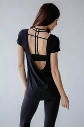 Breathable Yoga Short Sleeved Blouse Backless T Yoga Lightweight Loose Exercise T Shirt Workout