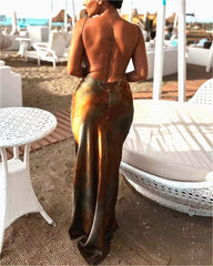 Robe dos nu en satin de soie français à imprimé texturé