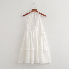 French Backless High Waist V neck Solid Color Halter Strap Dress