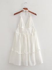 French Backless High Waist V neck Solid Color Halter Strap Dress