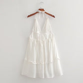 French Backless High Waist V neck Solid Color Halter Strap Dress