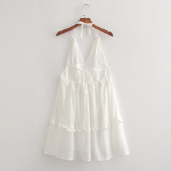 French Backless High Waist V neck Solid Color Halter Strap Dress