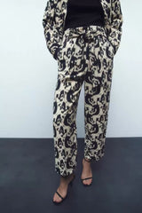 High Waist Animal Print Loose Lace up Casual Pants