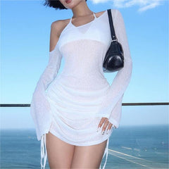 Pure Shoulder Long Sleeve See through Pleating Dress