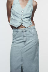 Short Denim Vest Split Midi Dress