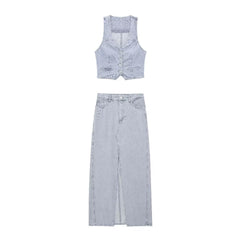 Short Denim Vest Split Midi Dress