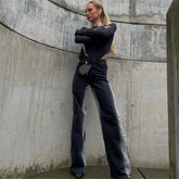 Retro Fried Street Loose Straight Jeans Hohe Taille Schlankheitshose mit Farbverlauf und Kontrastfarbe