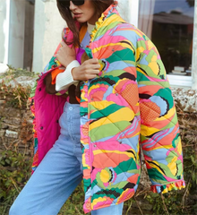 Loose StCollar Ruffled Warm Retro Printed Cotton Padded Jacket Coat