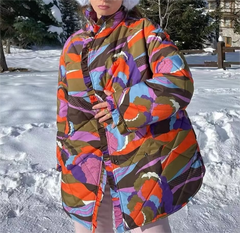 Loose StCollar Ruffled Warm Retro Printed Cotton Padded Jacket Coat