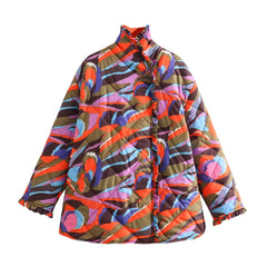 Loose StCollar Ruffled Warm Retro Printed Cotton Padded Jacket Coat