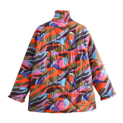 Loose StCollar Ruffled Warm Retro Printed Cotton Padded Jacket Coat