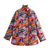 Loose StCollar Ruffled Warm Retro Printed Cotton Padded Jacket Coat