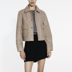 Koreanische Retro Revers Wollmantel Taschendekoration Loses Oberteil Lässig Knackig