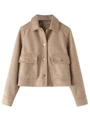 Koreanische Retro Revers Wollmantel Taschendekoration Loses Oberteil Lässig Knackig