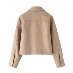 Koreanische Retro Revers Wollmantel Taschendekoration Loses Oberteil Lässig Knackig