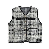 Gilet en tricot sans manches avec bordure à carreaux français, col en V, boutons décoratifs