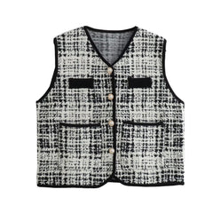French Plaid Edging V neck Buttons Decoration Sleeveless Knit Vest Vest