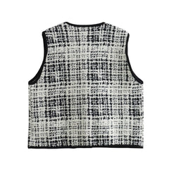 French Plaid Edging V neck Buttons Decoration Sleeveless Knit Vest Vest